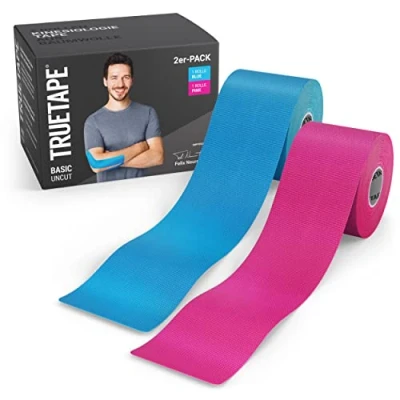 Immagine di TRUETAPE® Basic Tape kinesiologico in molti colori duo rotoli 5m x 5cm Nastro I impermeabile ed elastico Kinesio forte Blue &amp; Rosa