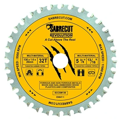 Immagine di SabreCut SCCSM136_32 Lama circolare per sega in metallo, plastica, 136 mm, 32 T x 20 foro 16 compatibile con Bosch Dewalt, Makita Milwaukee e molti altri.