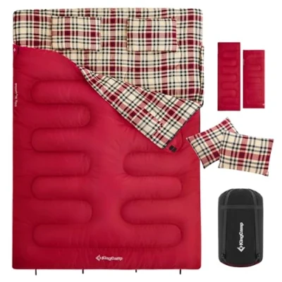 Immagine di KingCamp Sacco a Pelo Matrimoniale Flanella Extra Grande 13℃ 7℃ Separabile in 2 Sacchi Singolo Doppio 3 4 Stagioni Portatile Comodo Campeggio Leggero con Custodia, Rosso