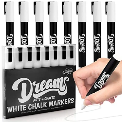 Immagine di The Glowhouse Pennarelli a gesso liquido bianco, confezione da 8, cancellabili, atossici, base d&#039;acqua, con punta reversibile, per bambini e adulti, perfetti vetro, specchi cartelli