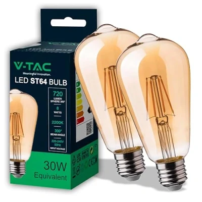 Immagine di V TAC 2x Lampadina LED Filamento Ambrata ST64 con Attacco E27 8W (Equivalenti a 50W) 720 Lumen Lampadine Vintage Retrò Massima Efficienza e Risparmio Energetico 2200K Luce Calda