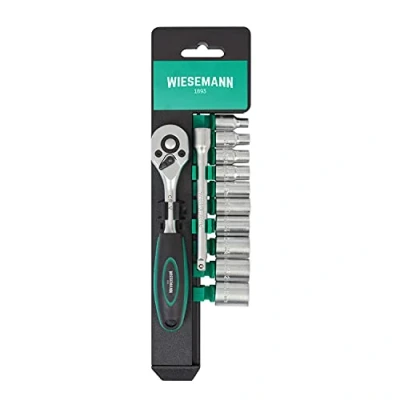 Immagine di Wiesemann 80003 Set di chiavi tubolari da 12 pezzi con supporto, in acciaio al cromo vanadio, cricchetto 1/4 (0,6 cm), estensione: 100 m, 4 mm, 13 inserti esagonali