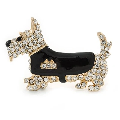 Immagine di Spilla, a forma di scottish terrier, smalto nero, con cristalli austriaci trasparenti, placcata in oro  55 mm lunghezza