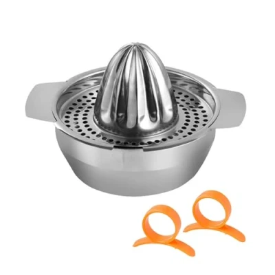 Immagine di 1 spremiagrumi in acciaio inox, 2 anelli, sbuccia arancia, succo manuale di frutta e facile da pulire, a mano con contenitore
