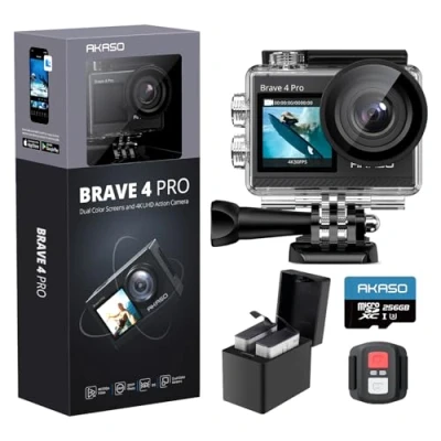 Immagine di AKASO Brave 4 Pro Action Cam 4K 40M con Scheda di Memoria U3 da 256GB, Videocamera 20MP WiFi 170 Grandangolare Doppio Schermo EIS Stabilizzazione, Touch Screen, 5x Zoom