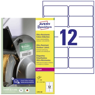 Immagine di Avery Zweckform L7913 40 Etichetta universale 99.1 x 42.3 mm Pellicola in polietilene Bianco 480 pz. a tenuta permanente Stampante laser colori,
