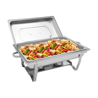 Immagine di Chafing Dish, scaldavivande in acciaio inox, contenitore per mantenere il calore, con 2 contenitori pasta combustibile chafing, grandi cucine, catering, buffet e feste, argento Una griglia