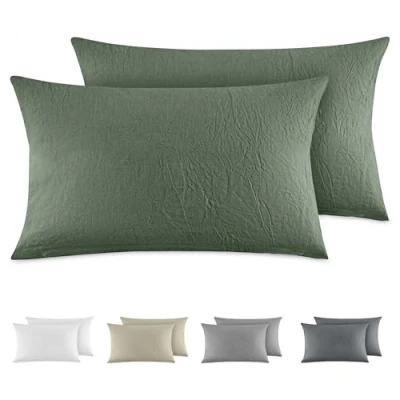 Immagine di Dreamzie Federe Cuscino Letto Cotone 40x80 cm, Set di 2, 100% Lavato, Copricuscino Verde Con Cerniera, Federa Certificata OEKO TEX
