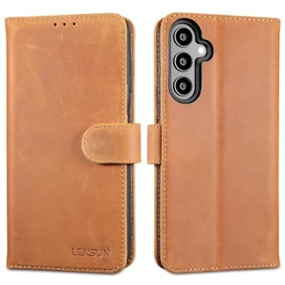 Immagine di Lensun Cover per Samsung Galaxy A25, Custodia in Vera Pelle [RFID Blocking] Telefono Libro con Portafoglio Chiusura Magnetico Flip Custodie Cuoio A25 5G Marrone retrò