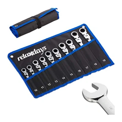 Immagine di Relaxdays Set di Chiavi Inglesi &amp; Anello, Kit da 10 Attrezzi, Funzione a Cricchetto, Borsa Pieghevole, 19 mm, Nera