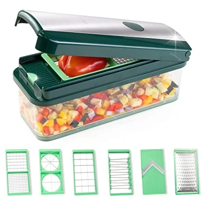 Immagine di Genius Nicer Dicer Exclusive affettatrice per verdure, 15 pezzi, taglia cubi + set di 4 inserti grattugia grossa e contenitore raccolta da 2500 ml, verde