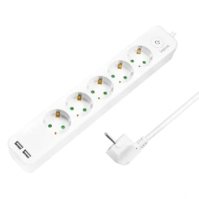 Immagine di LogiLink LPS249U Ciabatta elettrica A 5 prese (5 CEE 7/3) + 2 USB con interruttore on/off e protezione IP20, lunghezza cavo = 1,5 m, bianco