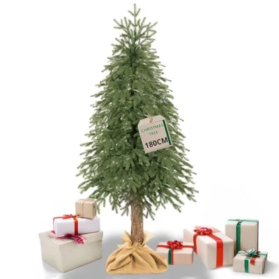 Immagine di SPRINGOS albero di Natale con tronco naturale, 180 cm, densità realistica, ramoscelli e tessuto iuta, artificiale come vero abete rosso, prodotto nell&#039;Unione Europea