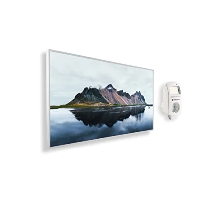 Immagine di Riscaldatore a infrarossi Könighaus 1200 Watt + termostato smart e APP una stufetta elettrica basso consumo Cornice bianca (03. Montagna lago)