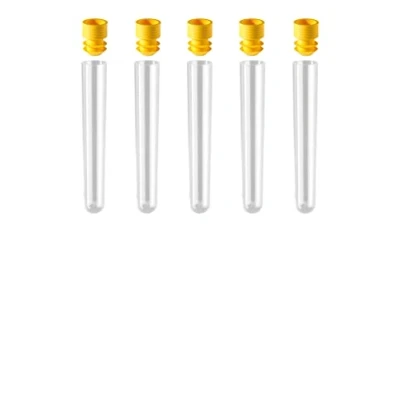 Immagine di AE GLAS: 5 provette in plastica da 12 ml con coperchio (100 x 16 mm), trasparenti, (5 gialli)
