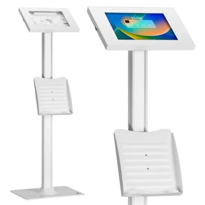 Immagine di Maclean MC 476 Supporto da pavimento per tablet con protezione antifurto e porta volantino, compatibile iPad/iPad Air/iPad Pro, Samsung Galaxy Tab A/Tab A7/Tab S6 Lite (bianco)