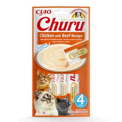 Immagine di INABA Churu Snack per Gatti Cremoso con Pollo e Manzo 1 Pack (4 Stick x 14gr) Cibo da Leccare, Sano Delizioso Gatto Senza Conservanti o Coloranti Artificiali, Grain Free