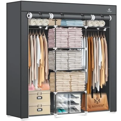 Immagine di KESSER® Armadio in tessuto stabile con asta appendiabiti e ripiani, include 5 grucce tessuto, per camera da letto, spogliatoio, guardaroba appendiabiti, 150 x 45 175 cm