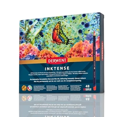 Immagine di Derwent Inktense Scatola in Legno da 48 Matite Acquerellabili Permanenti con Anima 4 mm, Solubili Acqua, Adatte per Colorare e Dipingere , 2300151