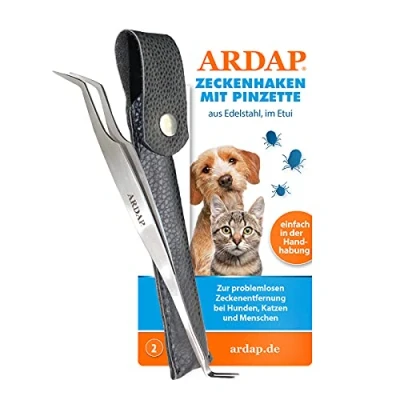 Immagine di ARDAP pinze per zecche e gancio zecche, Pinzette 2in1 in acciaio inossidabile con custodia pelle Rimozione facile ed efficace delle premium cani, gatti, umani