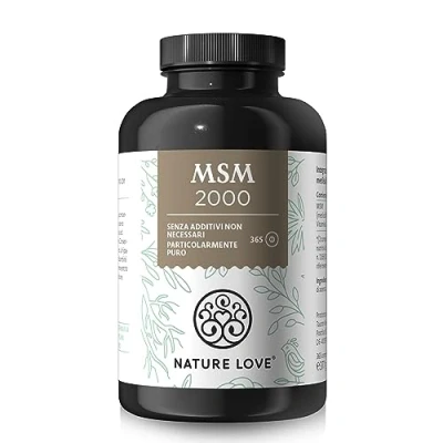 Immagine di NATURE LOVE® MSM 2000 mg con vitamina C 365 compresse testate in laboratorio Polvere più compatta rispetto alle capsule Integratore senza additivi, ad alto dosaggio, vegane