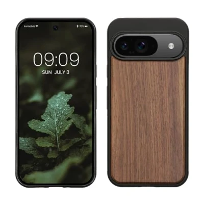 Immagine di kwmobile Custodia Compatibile con Google Pixel 9 / Pro Cover Protezione in Legno per Smartphone Back Case Bumper Silicone TPU marrone scuro