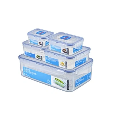 Immagine di LocknLock PP Classic Set di 5 barattoli da 180 ml, 350 600 870 3,6 l, 100% aria e impermeabile, sistema chiusura intelligente, contenitori per frigorifero congelatore