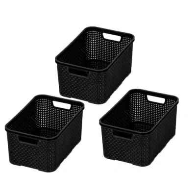 Immagine di BranQ Set di 3 cestini per la casa, stile rattan, misura S, da 7 litri, senza bisfenolo A (BPA), in polipropilene (PP), colore nero, 28,5 x 19,5 12,9 cm, pezzi