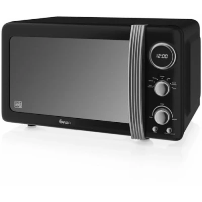 Immagine di Swan Retrò SM22030LBNEU Microonde digitale, 20 l, 5 livelli di potenza, funzione sbrinamento, timer 60 minuti, porta specchio, piatto girevole 27 cm, design vintage, nero, 800 W