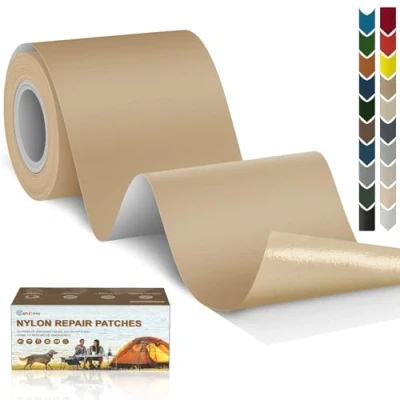 Immagine di Toppe autoadesive in Nylon, 7.6x200 cm Cahomo toppa adesiva per tessuti, Patch di riparazione impermeabile, piumino, tenda, sacco a pelo all&#039;aperto Cachi