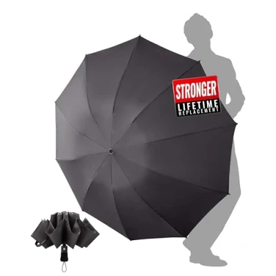 Immagine di Chakipee Ombrello Pieghevole Compatto Pioggia Grigio Automatico Grande Ombrelli Antivento Robusto Inverso Portatile Uomo Donna da Viaggio Resistenti 210T 10 Stecche