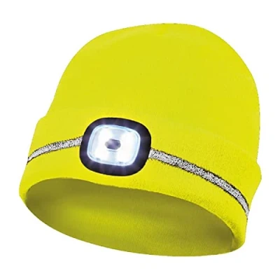 Immagine di Gebol Berretto a LED Giallo lampada frontale su maglia Beanie con strisce riflettenti porta USB per la ricarica 60 minuti di luce 4 livelli Unisex 1 pezzo