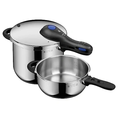 Immagine di WMF Perfect Plus One Pot Set di 2 pentole a pressione induzione, pentola da 6,5 l + segnale cottura 3 l, livelli cottura, manico rimovibile, regolatore livello