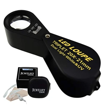 Immagine di 10 X 21 MM Led Loupe Jeweler Lente D&#039;Ingrandimento Doppio 6 Luci (Bianco E Luce Uv, Cornice Nera, Tasca Pieghevole, Acromatica, Tripletta