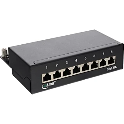 Immagine di InLine 22514 Patch Panel Cat.6A, 8 Porte, Installazione Guida DIN in Server Rack, Nero