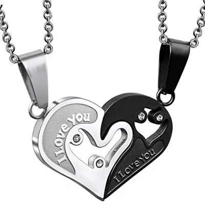 Immagine di 2 pezzi in acciaio inox collana coppia innamorata per 2, ciondolo innamorata, cuore donna uomo argento nero amore separabile amica puzzle catena 50 cm e 55