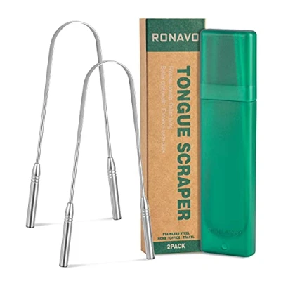 Immagine di Raschietto per lingua con custodia da viaggio2 pezzi, in acciaio inox 100% grado medico, protegge l&#039;alito cattivo e mantiene l&#039;igiene orale, pulitore...