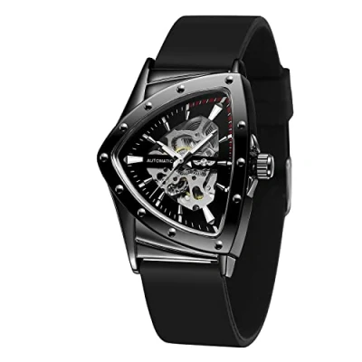 Immagine di FORSINING Orologio da polso meccanico uomo, impermeabile, scheletro, triangolare, con cinturino in silicone, Completamente nero, Moderno