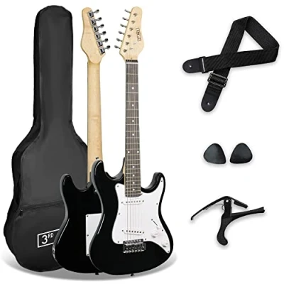 Immagine di 3rd Avenue XF 3/4 Size Kids Junior Chitarra Elettrica Starter Pack Per Principianti Con Borsa, Tracolla, Plettri E Capotasto Nero