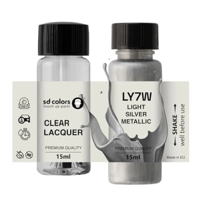 Immagine di SD COLORS Vernice per ritocchi in argento chiaro e metallizzato, 15 ML, riparazione graffi scheggiature, codice colore LY7W, metallizzato (vernice + laccetto)