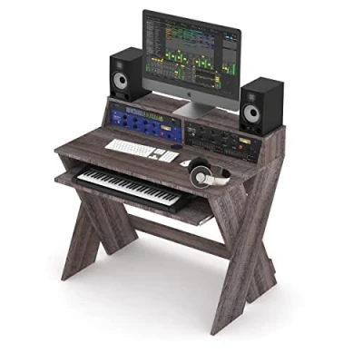 Immagine di Glorious Sound Desk Compact Walnut Station de travail studio compacte au design intelligent avec grande surface travail, compartiment à clavier coulissant