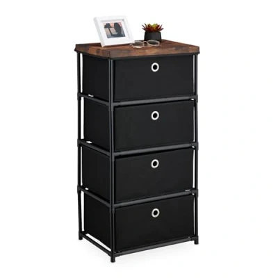 Immagine di Relaxdays Cassettiera in Stile Industriale, Comò con 4 Cassetti e Ripiano Tessuto, Metallo, 85x43x33 cm, Nero Marrone, Acciaio