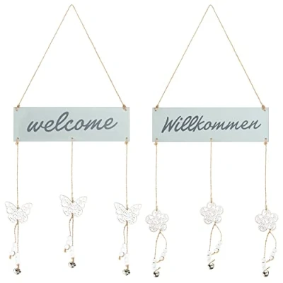 Immagine di com four® 2X Appendiabiti Willkommen e Welcome con Fiori Farfalle Pendenti in Legno per Primavera, Pasqua ed Estate (02 Pezzi Menta)