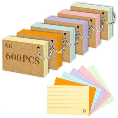 Immagine di flashcard A8, 600 pezzi di foderate con anello, schede vocabolario per l&#039;apprendimento del in movimento, appunti ufficio, scuola, casa