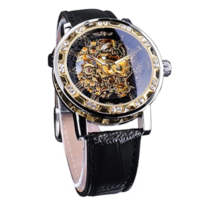 Immagine di Winner Orologio da polso meccanico retrò, con diamante e intaglio, uomo, scheletro, classico, numeri romani, Nero oro., scheletro