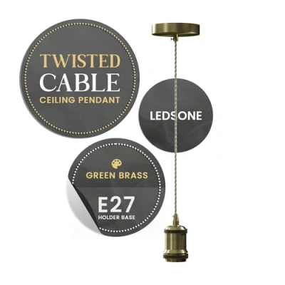 Immagine di LEDSone lampada a sospensione vintage in metallo ottone verde, cavo flessibile intrecciato verde militare da 1 m, kit di montaggio per con portalampada E27