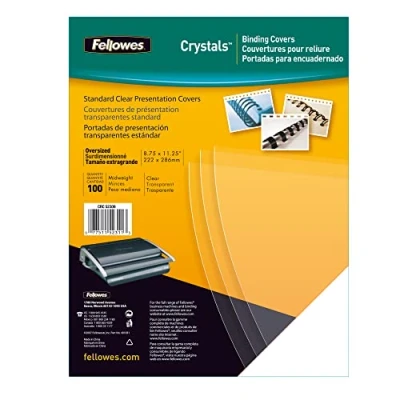 Immagine di Fellowes 5375901 Copertine per Rilegatrice in PVC Trasparente, Formato A4, 180 Micron, Confezione da 100 Pezzi