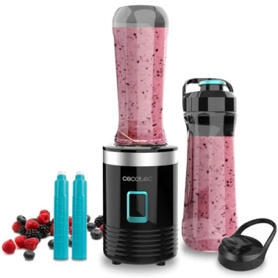 Immagine di Cecotec Frullatore Portatile Individuale Power Titanium 300 EasyGo. 350W, Trita Ghiaccio, 4 lame con Rivestimento in Titanio Nero, Include 2 Tubi Refrigeranti, Bicchieri Portatili e Coperchi