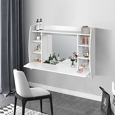 Immagine di ML Design Tavolo Cosmetico da Trucco Bianco a Muro Tavolino Toilette con Specchio Rettangolare e 6 Ripiani 110 x 75 48,5 cm Toelette per Signore Ragazze in Legno MDF Appendere Parete