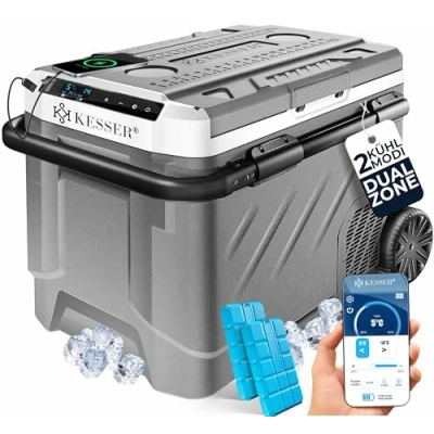 Immagine di KESSER® Compressore frigorifero 2 in 1 doppia zona, congelatore elettrico, funzionamento touch a LED, 12/24 V, 230 fino 20 C, per auto, camion, campeggio, 61 L, Antracite/Grigio